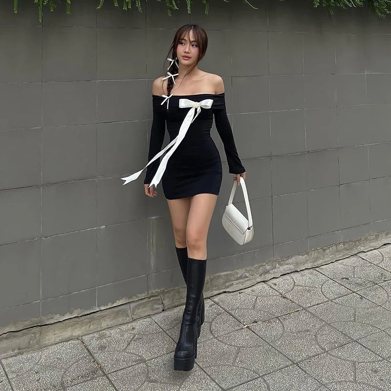 Black Off-Shoulder Long Sleeve Bow Mini Dress