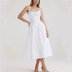 Corset Solid White Bow Halter Lacing Up Ruched Chest Midi Dress