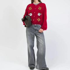 Christmas Santa Claus/Gift Embroidery Cardigan