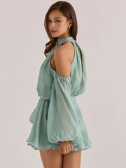Cyan High Neck Cut Out Puff Long Sleeve Mini Dress