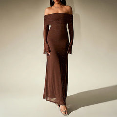 Off-Shoulder Flared Long Sleeve Sequined Maxi Dress