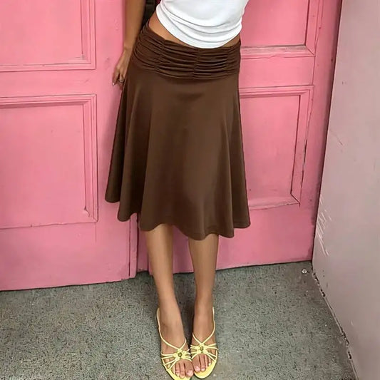Brown Pleated Waist Midi Skirt