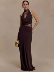Brown Lace Hollow Out Cowl Maxi Dress