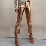 Women Metallic Zipper Pocket Straight Pants Long Trousers