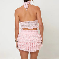 Lace Tie-up Halter Open Back Cami Tops And Mini Layered Skirt Set