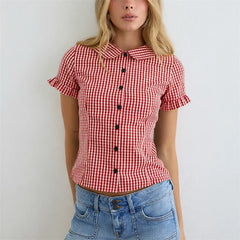 Plaid Peter Pan Collar Short Ruffle Sleeve Button Down Blouse
