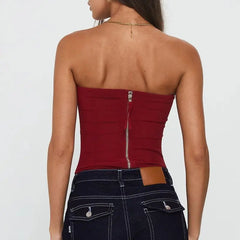 Red strapless top with a zipper- back view