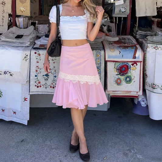 Pink Irregular Frill Hem Lace Trim Midi Skirt