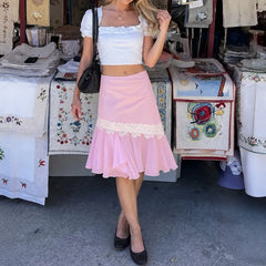 Pink Irregular Frill Hem Lace Trim Midi Skirt