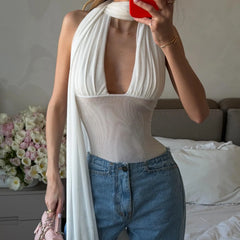 Scarf Halter Drape Mesh Bodysuit