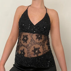 Sequin Mesh Embroidered Open Back Top