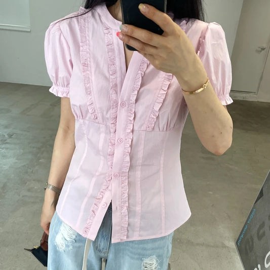Ruffled Trim V‑Neck Puff Short Sleeve Button‑Down T-Shirt