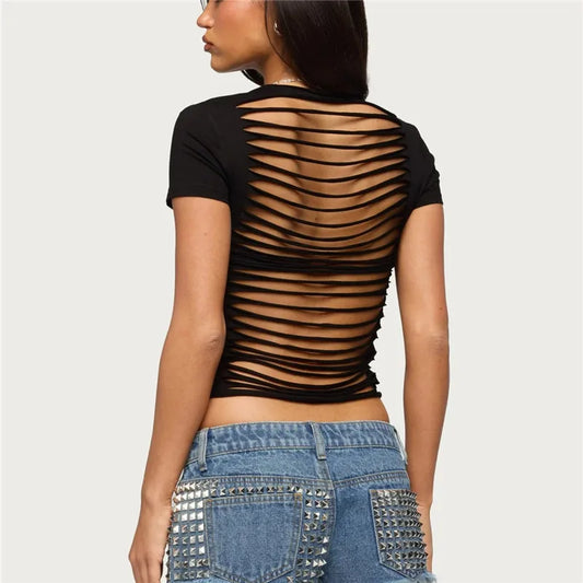 Back Cut Out Shredded Short Sleeve Crop T-Shirt