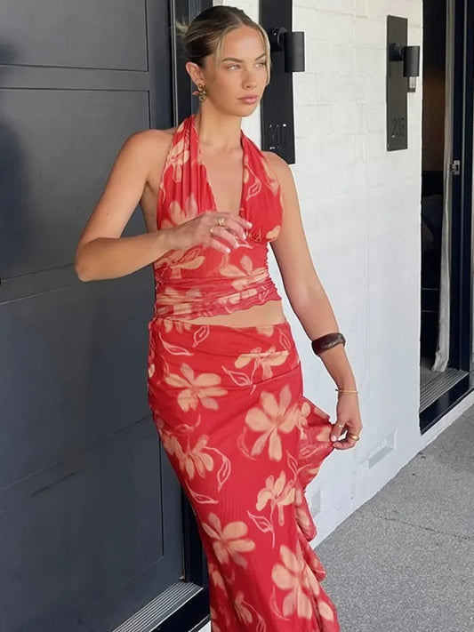 Red Printed Mesh Halter Deep Neck Cut Out Maxi Dress