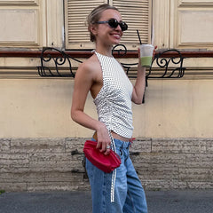White Polka Dot Drawstring Backless Halter Top
