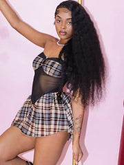 Plaid Mesh Patchwork Strapless Mini Dress