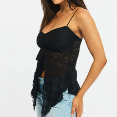 Sweetheart Neck Bow Front Spaghetti Strap Sheer Top
