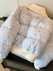 Blue Floral Print Puffer Ribbed Trim Zipper Jacket