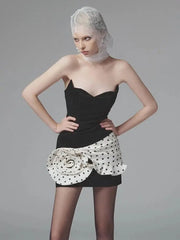 Satin 3D Rose Sleeveless Patchwork Polka Dot Mini Dress