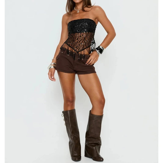 Black Sequined Tassel Hem Mesh Tube Top