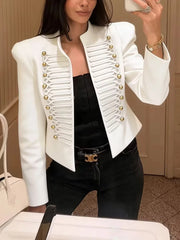 Napoleon Stand Collar Embroided Buttoned Crop Jacket