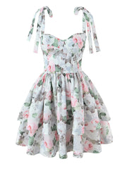 Print Corset Style Bow Strap Tiered Ruffled Mini Dress