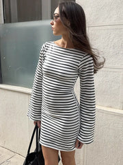 Striped O-Neck Bell Sleeve Mini Dress