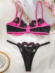 Pink Satin Lace Patchwork Lingerie Set