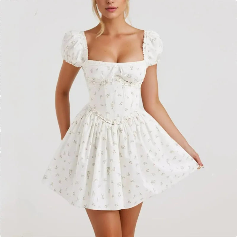 White Floral Puff Sleeve Corset Flare Mini Dress - Free From Label