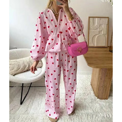 Heart Print Long Sleeve Button Down Babydoll Shirt with Pants Loungewear Set
