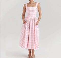 Pink Plaid Strappy Midi Dress