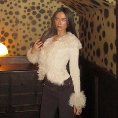 Furry Patchwork Ribbed Zipper Cardigan