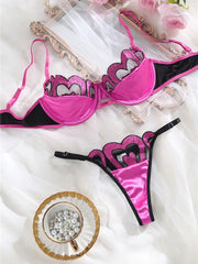 Pink Satin Lace Patchwork Lingerie Set