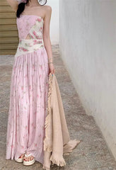 Pink Floral Pleated Slip Long Dress