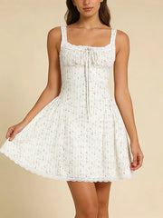 White Floral Stripe Print Square Collar Print Mini Dress