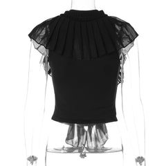 Black Chiffon Ruffle Trim V-Neck Tie Front Flutter Sleeve Sheer Crop Top