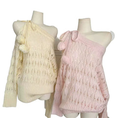 Knitted Off Shoulder Pom Pom Tie Up Sweatshirt