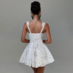 White Floral Turned Strap Corset Mini Dress