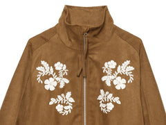 Faux Suede Floral Embroidery Stand Collar Zip‑Up Bomber Jacket