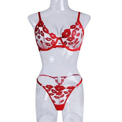 Sheer Lips Heart Embroidery Lingerie Set