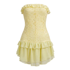 Strapless Lace Bodycon Ruffle Trim Mini Dress