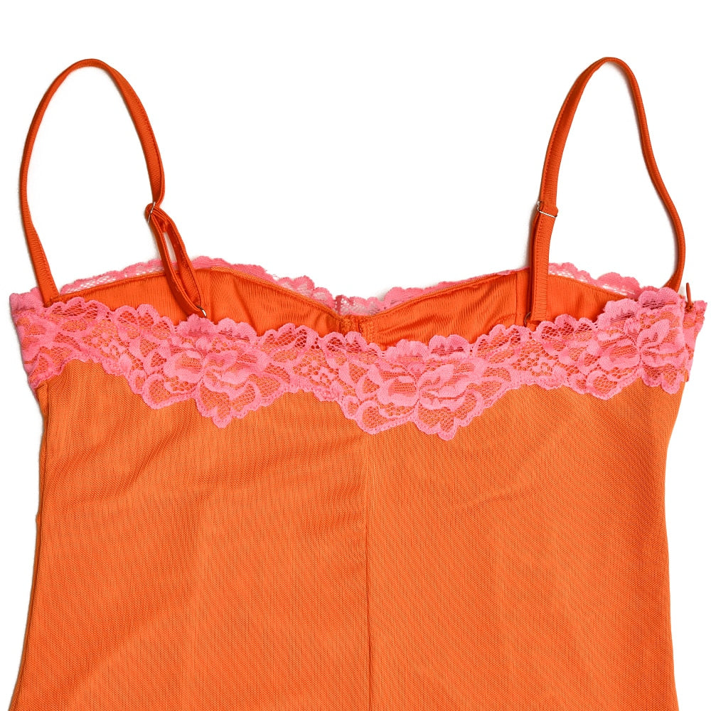 Orange Mesh Lace Patchwork Cami Maxi Dress