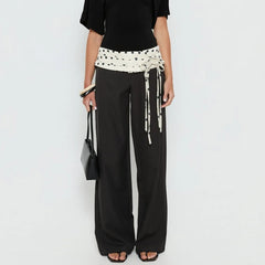 Polka Dot Waist Tie Black Wide Leg Trouser