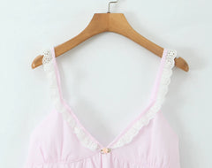 Pink Striped V neck Lace Strap Bow Mini Dress