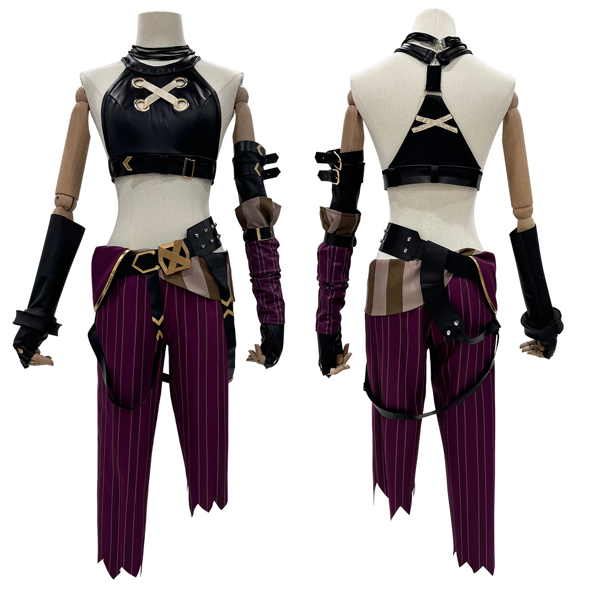 “Arcane Jinx cosplay costume with black crop top, striped pants, and accessories”