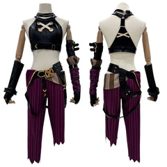 “Arcane Jinx cosplay costume with black crop top, striped pants, and accessories”
