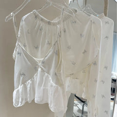 Butterfly White Shirt Sling Shorts Pants Sleepwear Loungewear Set