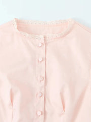 Pink Short Sleeve Button Up Top And Eyelet Trim Mini Skirt