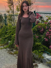 Knitted Backless Long Sleeve Maxi Dress