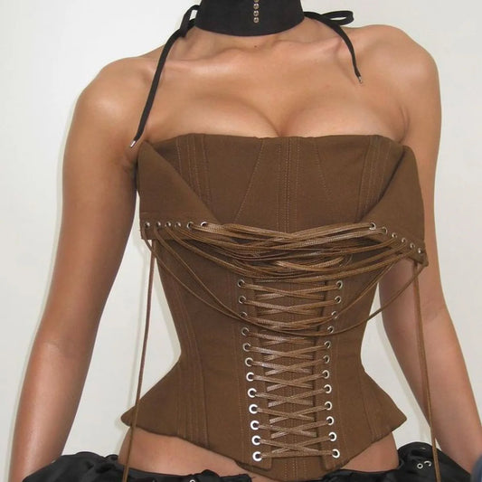 Brown Corset Lace Up Top
